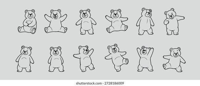 Uma simples ilustração em preto e branco mostrando vários ursinhos de pelúcia em diferentes poses.