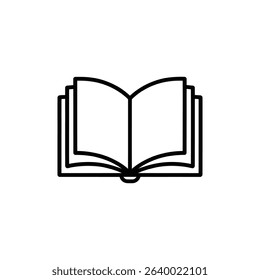 Simple black and white illustration showing an open book. Perfect for educational materials, library resources, or representing reading and knowledge. Features a clean, minimalist vector design.