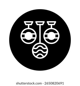 Simple black and white illustration showing three hanging ornaments or decorations in a circular shape design