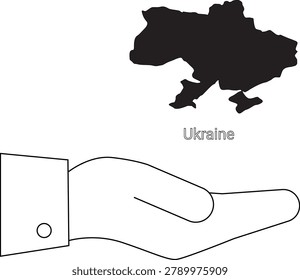 A simple black and white illustration showing the map of Ukraine above an open hand.