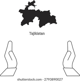 A simple black and white illustration showing the outline of Tajikistan with two open hands supporting it from below.