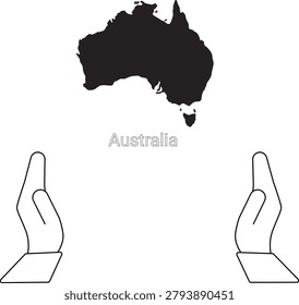 A simple black and white illustration showing the map of Australia above two open hands, symbolizing care or protection.
