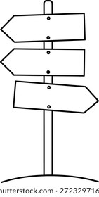 Eine einfache Schwarz-Weiß-Abbildung eines Wegweisers mit drei leeren Richtungsschildern mit Pfeilen, die in verschiedene Richtungen zeigen und an einem Mittelpol mit gekrümmtem Boden befestigt sind.
