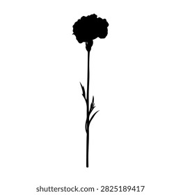 A simple black and white illustration of a single flower with a long stem and leaves, emphasizing minimalism and elegance.