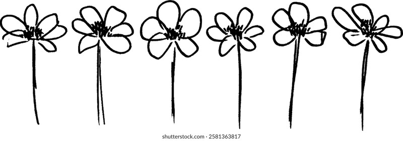 A simple black and white illustration of six flowers with thin stems and open petals, arranged in a row.