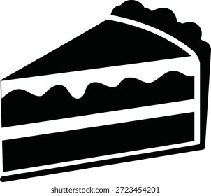 Uma ilustração simples em preto e branco de uma fatia de bolo de chocolate com glacê branco