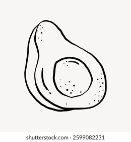 Simple black and white illustration of a sliced avocado. Avocado drawing with seed. Minimalist avocado art. Avocado sketch on a plain background. Doodle illustration vector.