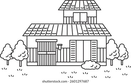 A simple black and white illustration of a slightly old Japanese house