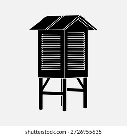 Simple black and white illustration of a small wooden hut on stilts