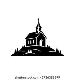 A simple black and white illustration of a small church with a steeple and cross, situated on a hill surrounded by trees.