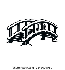 A simple black and white illustration of a small arched wooden bridge, covered with a layer of snow, suggesting a winter scene.