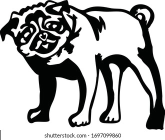 Una simple ilustración en blanco y negro de un pug sonriente