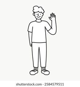 Simple black and white illustration of a smiling person waving. Cartoon style, casual outfit. Friendly gesture, waving hand, happy expression, minimal design. Doodle illustration vector.