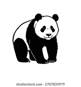 Eine einfache schwarz-weiße Illustration eines lächelnden Panda, der auf einfarbigem weißem Hintergrund steht und sein charakteristisches Fellmuster zeigt.