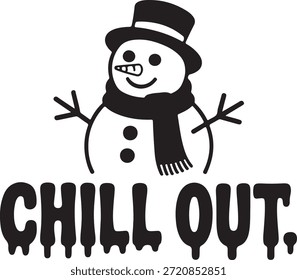 Simple ilustración en blanco y negro de un muñeco de nieve sonriente con un sombrero y una bufanda con el texto relajarse debajo de él invitando a la relajación y la calma durante la temporada de invierno con un tono amigable y divertido.