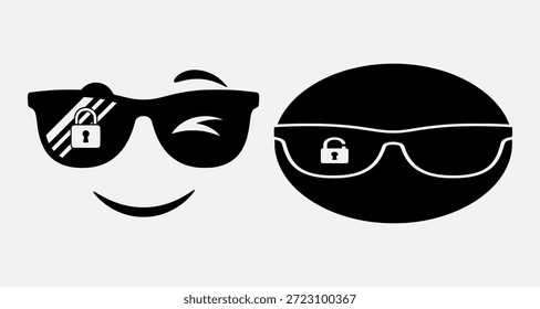 Simple ilustración en blanco y negro de una cara sonriente con gafas de sol con un candado en la lente, junto a un círculo negro con gafas de sol y un candado.