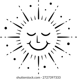 Simple black and white illustration of a smiling sun with closed eyes, surrounded by rays and dots.
