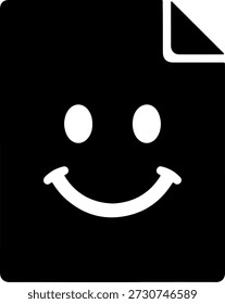 Eine einfache Schwarz-Weiß-Illustration eines lächelnden Gesichts auf einem Dokumentensymbol, ideal für die Verwendung in digitalen und gedruckten Materialien.