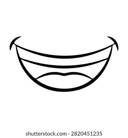 A simple black and white illustration of a smiling mouth with teeth, conveying happiness and friendliness in a minimalistic style.
