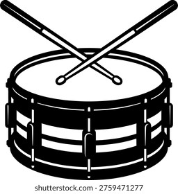 A simple black and white illustration of a snare drum with two drumsticks crossed over it
