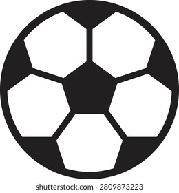 A simple black and white illustration of a soccer ball with pentagonal panels, isolated on white background, in a classic and recognizable style