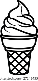 Una simple ilustración en blanco y negro de un helado suave servido en un cono de gofre, mostrando un clásico regalo de verano.