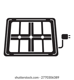 A simple black and white illustration of a solar panel with a plug attached, set against a clean white background.