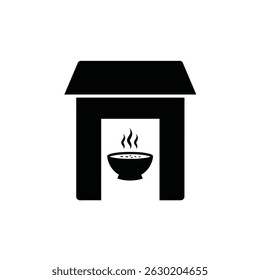 Simple black and white illustration of a soup kitchen building concept signage symbol