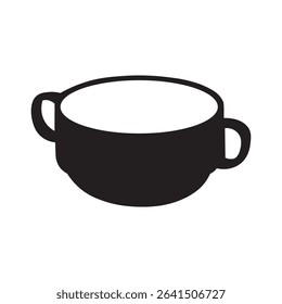 a simple black and white illustration of a soup bowl with two handles on a plain white background