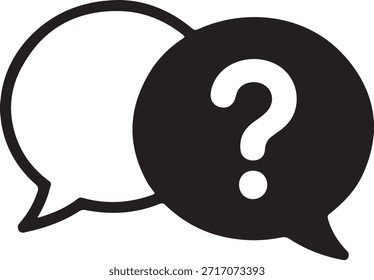 Ilustración simple en blanco y negro de burbujas de discurso con un signo de interrogación prominente.