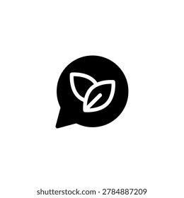 A simple black and white illustration of a speech bubble containing leaves.