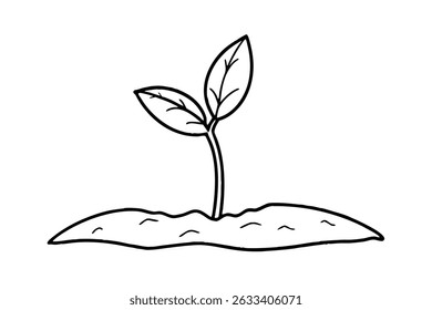 Ilustração simples em preto e branco de um broto emergindo do solo