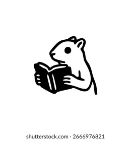 Simple black and white illustration of a squirrel holding an open book