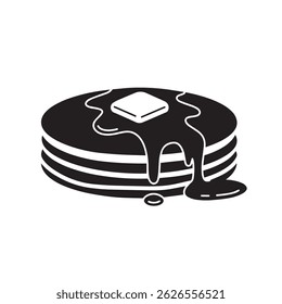 A simple black and white illustration of a stack of pancakes topped with butter and syrup