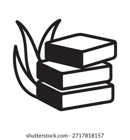 Ilustración simple en blanco y negro de libros apilados con una planta