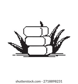 Ilustración simple en blanco y negro de piedras apiladas con follaje herboso