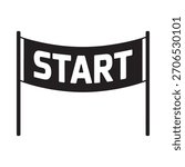 A simple black and white illustration of a start line banner with the word START in bold white letters, suspended between two poles.