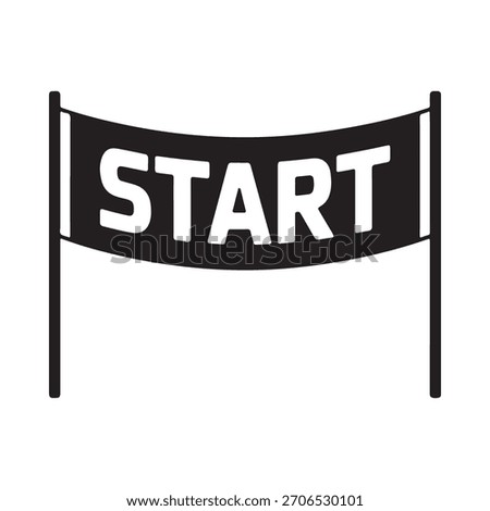 A simple black and white illustration of a start line banner with the word START in bold white letters, suspended between two poles.