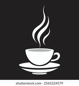 a simple black and white illustration of a steaming coffee cup on a saucer