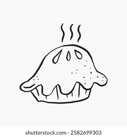 Simple black and white illustration of a steaming pie. The pie is shown with steam rising, indicating it's hot. The pie has a crimped crust and steam. Line art illustration vector.