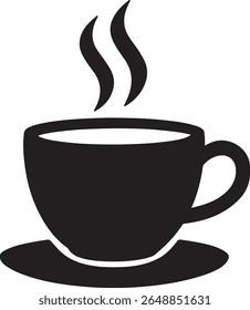 Simple black and white illustration of a steaming coffee cup symbolizing freshly brewed hot beverage and comfort