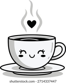 Una simple ilustración en blanco y negro de una taza de café humeante con una cara feliz y un corazón negro sobre ella.