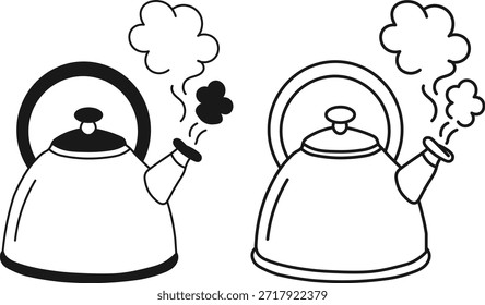 Simples ilustração preto e branco de uma chaleira vapor em dois estilos diferentes