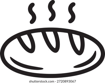 Einfache schwarz-weiße Illustration eines dampfenden warmen Mahls, das in einer Schüssel serviert wird und ein frisch zubereitetes und nahrhaftes Gericht symbolisiert.