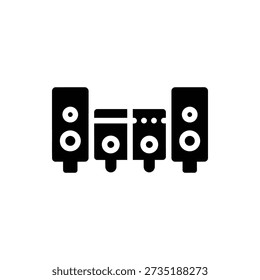 Simple black and white illustration of a stereo system with speakers and amplifier on a white background