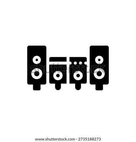 Simple black and white illustration of a stereo system with speakers and amplifier on a white background