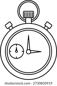A simple black and white illustration of a stopwatch, featuring a round face with two hands and a smaller dial on the left side. The stopwatch has a crown at the top and two buttons on either side.