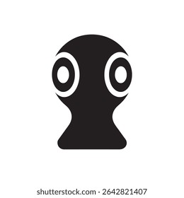 A simple black and white illustration of a stylized alien head with large circular eyes looking forward