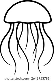 Simple black and white illustration of a stylized jellyfish with flowing tentacles