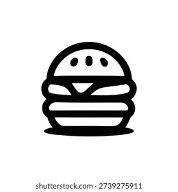 Simple black and white illustration of a stylized hamburger with sesame seed bun